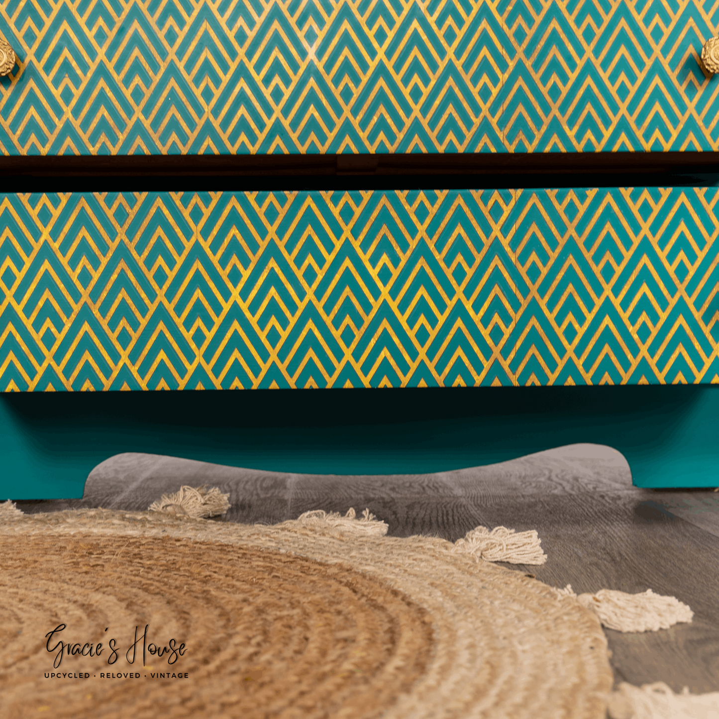 Turquoise Mid Century Chest of Drawers, geometric 