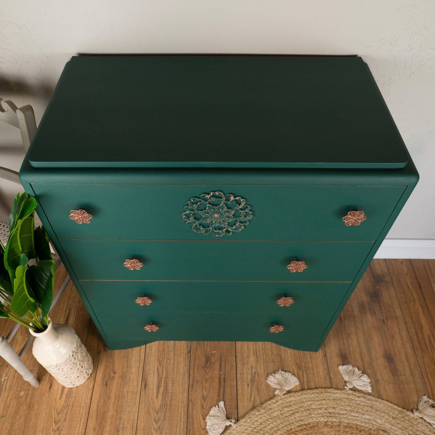 Emerald Forest Chest of Drawers – Vintage Upcycled Beauty with Tropical Lined Drawers