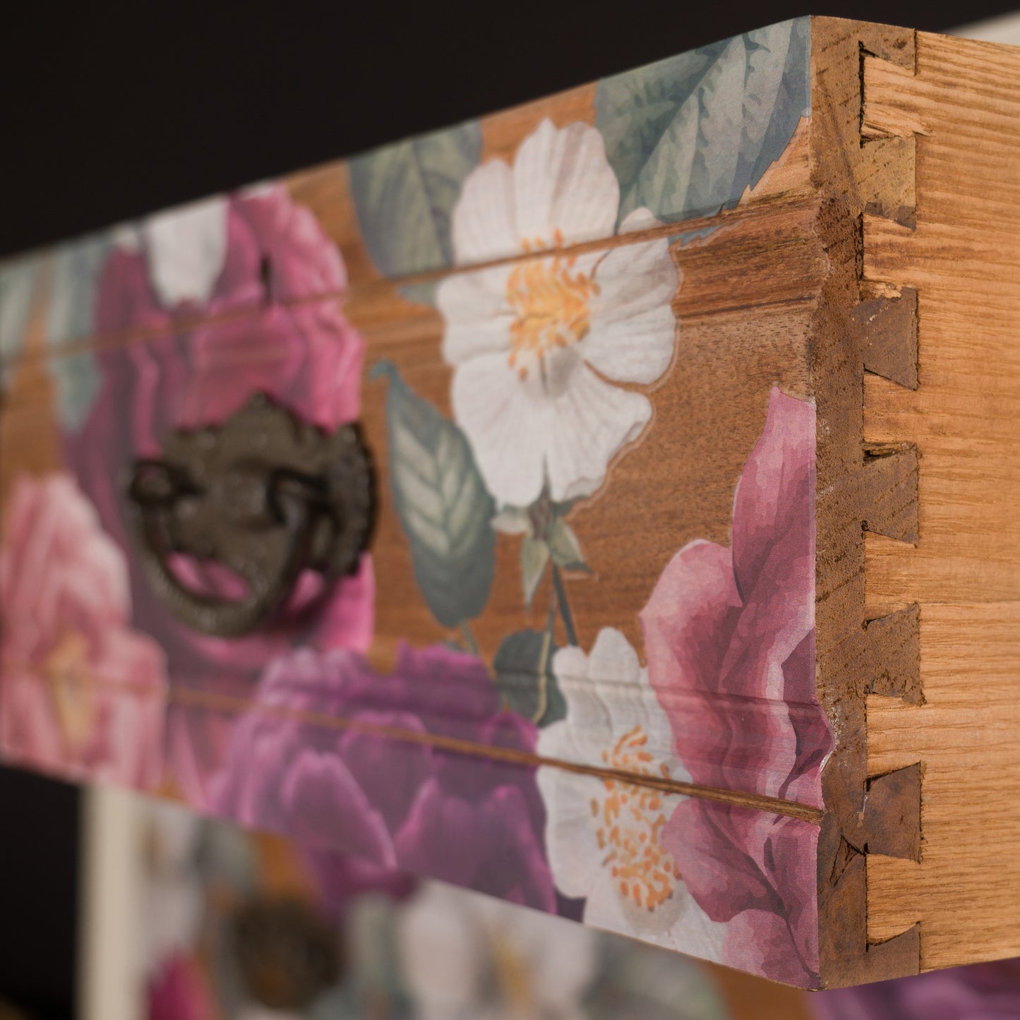 Vintage Aqua Lebus Oak Chest of Drawers, pink, purple floral drawer sides