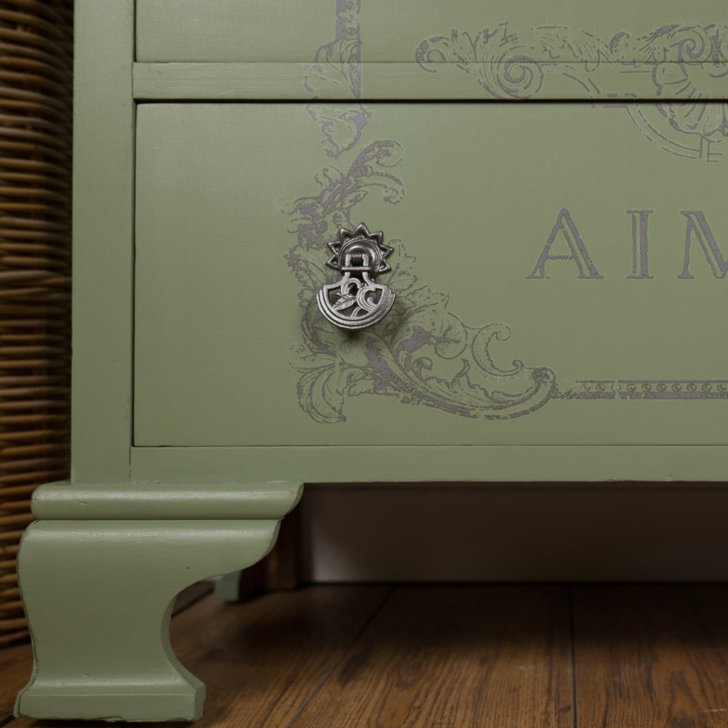 Hand-Painted Vintage Chest of Drawers | Soft Sage Green with Rose Floral Detailing