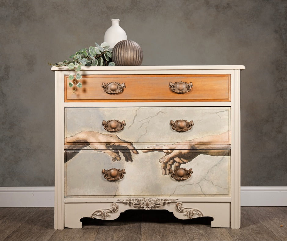 Vintage chest of drawers with Divine Touch Posh Chalk Decoupage Paper and Woodubend trims