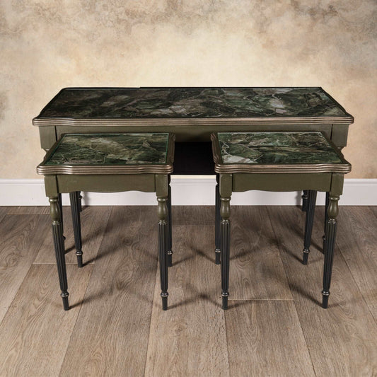 Vintage Green Nesting Coffee Tables, glass top, marble pattern