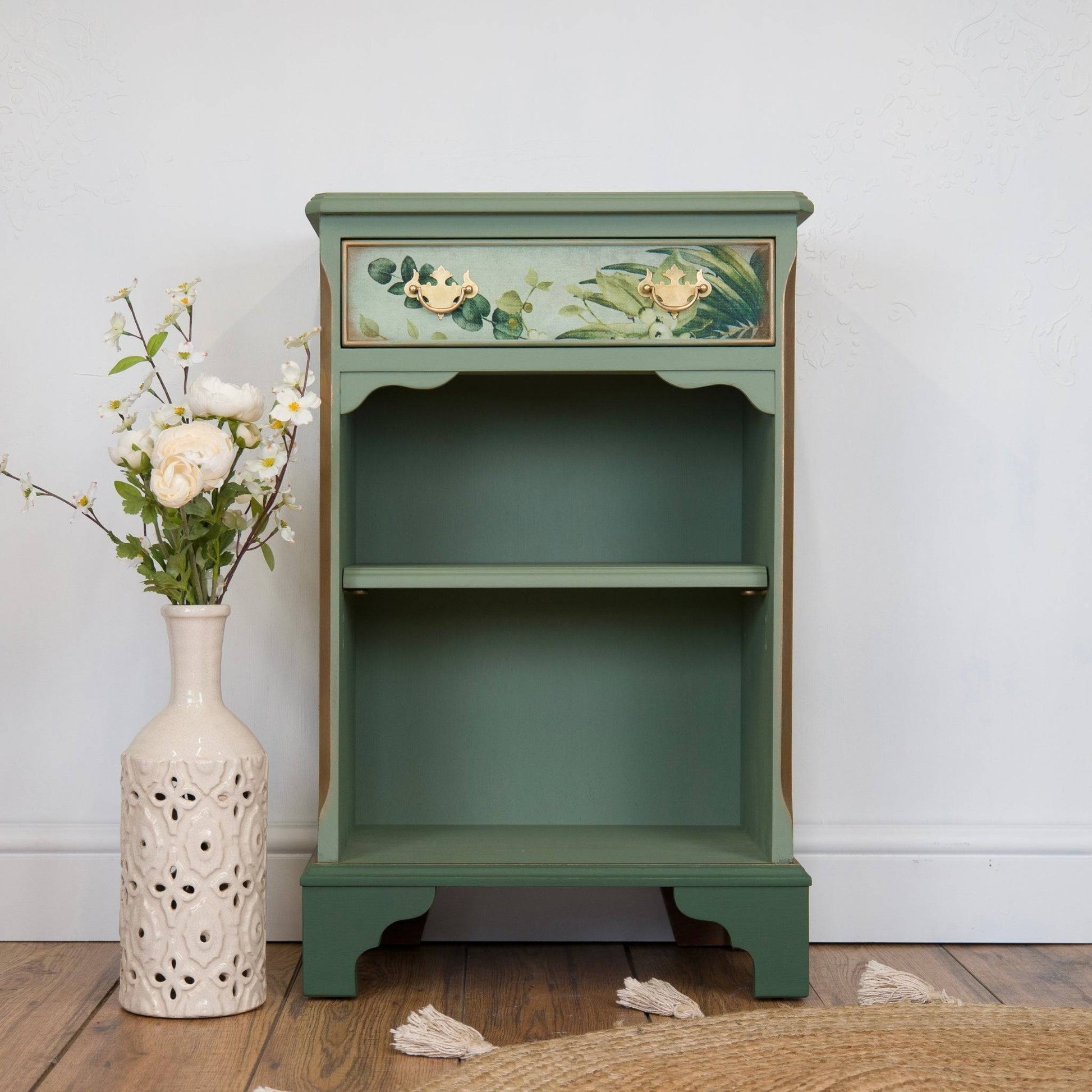 Upcycled Enchanted Woodland Green Bedside Cabinet | Hand-Painted Vintage Furniture | Unique Frog & Floral Decoupage