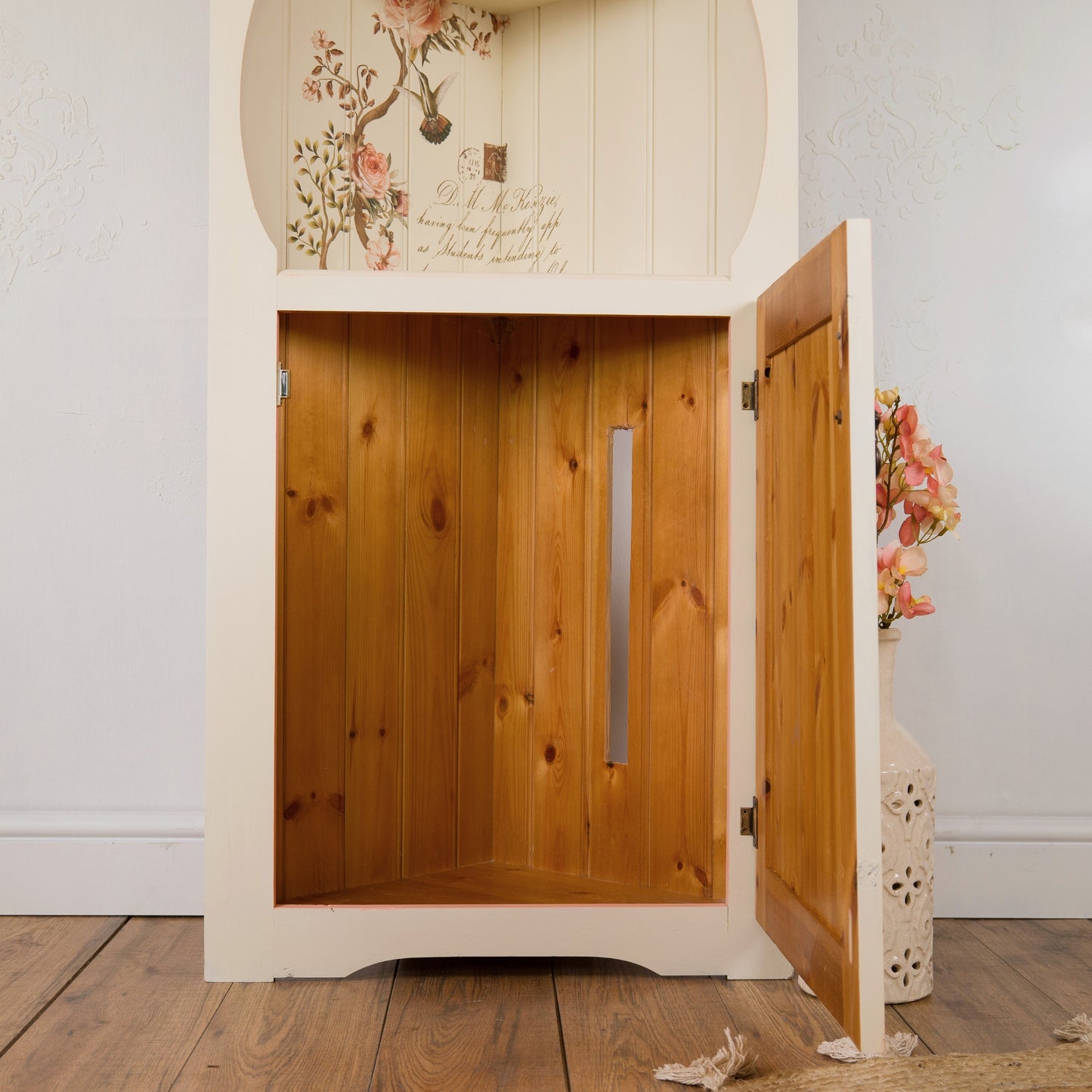 Blossom Tweet Painted Corner Cabinet | Vintage Floral Hand-Painted Shabby Chic Furniture | Upcycled Storage with Botanical Transfer