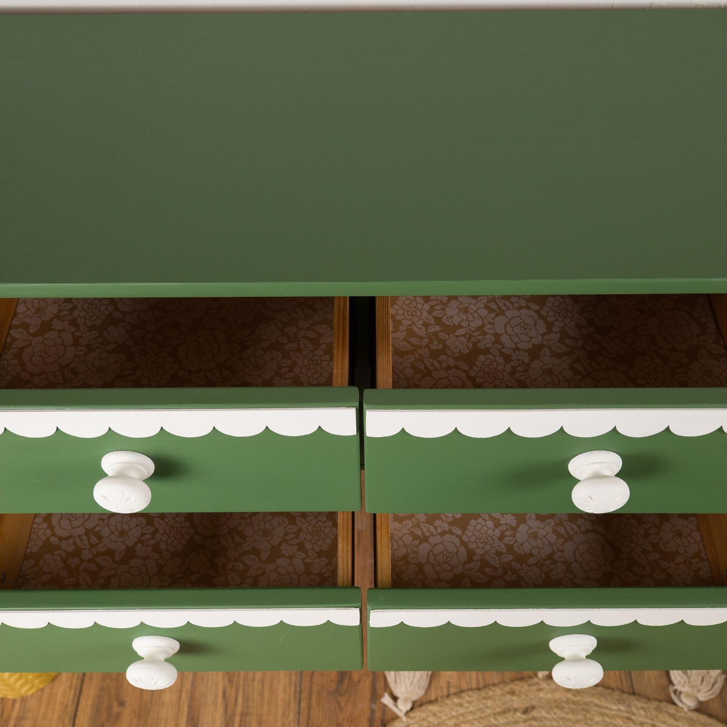 Whimsical Green and White Scalloped Trim Chest of Drawers, Console Table - Hand-Painted Statement Furniture