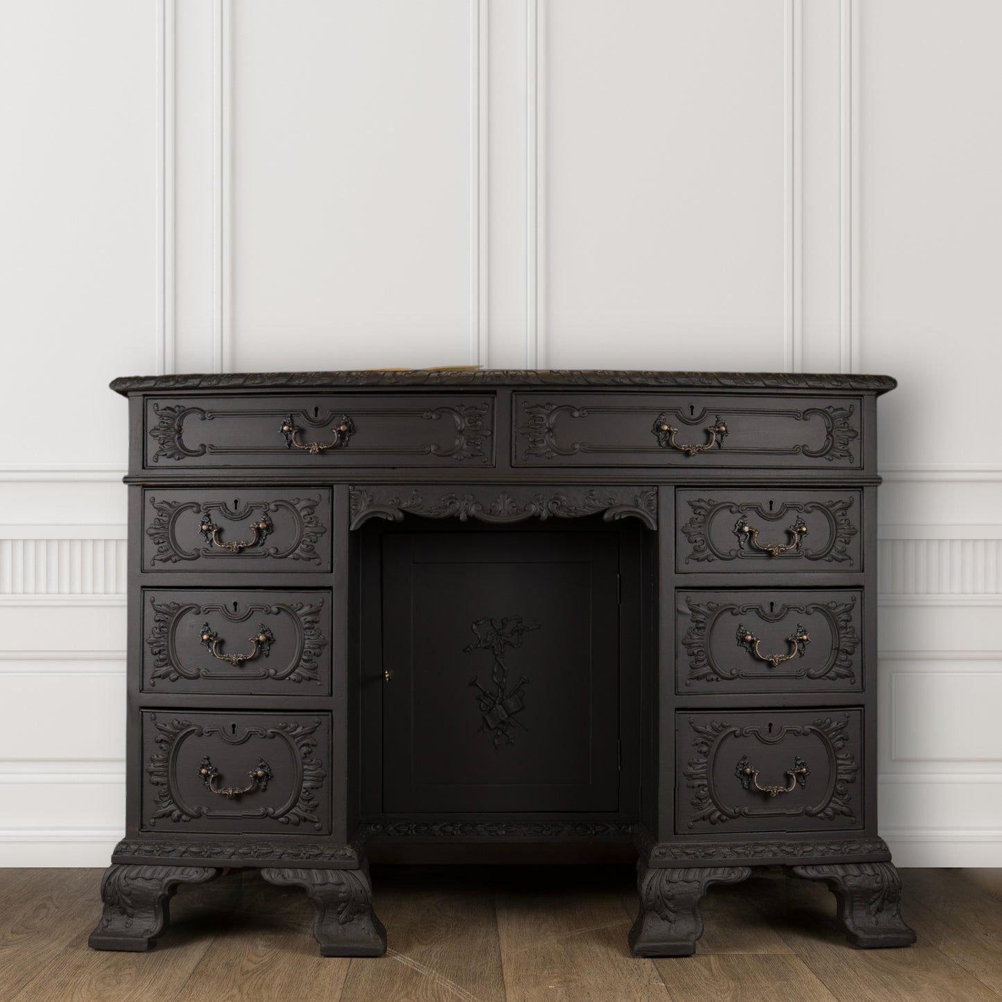 Antique Painted Solid Wood Ornate Carved Desk