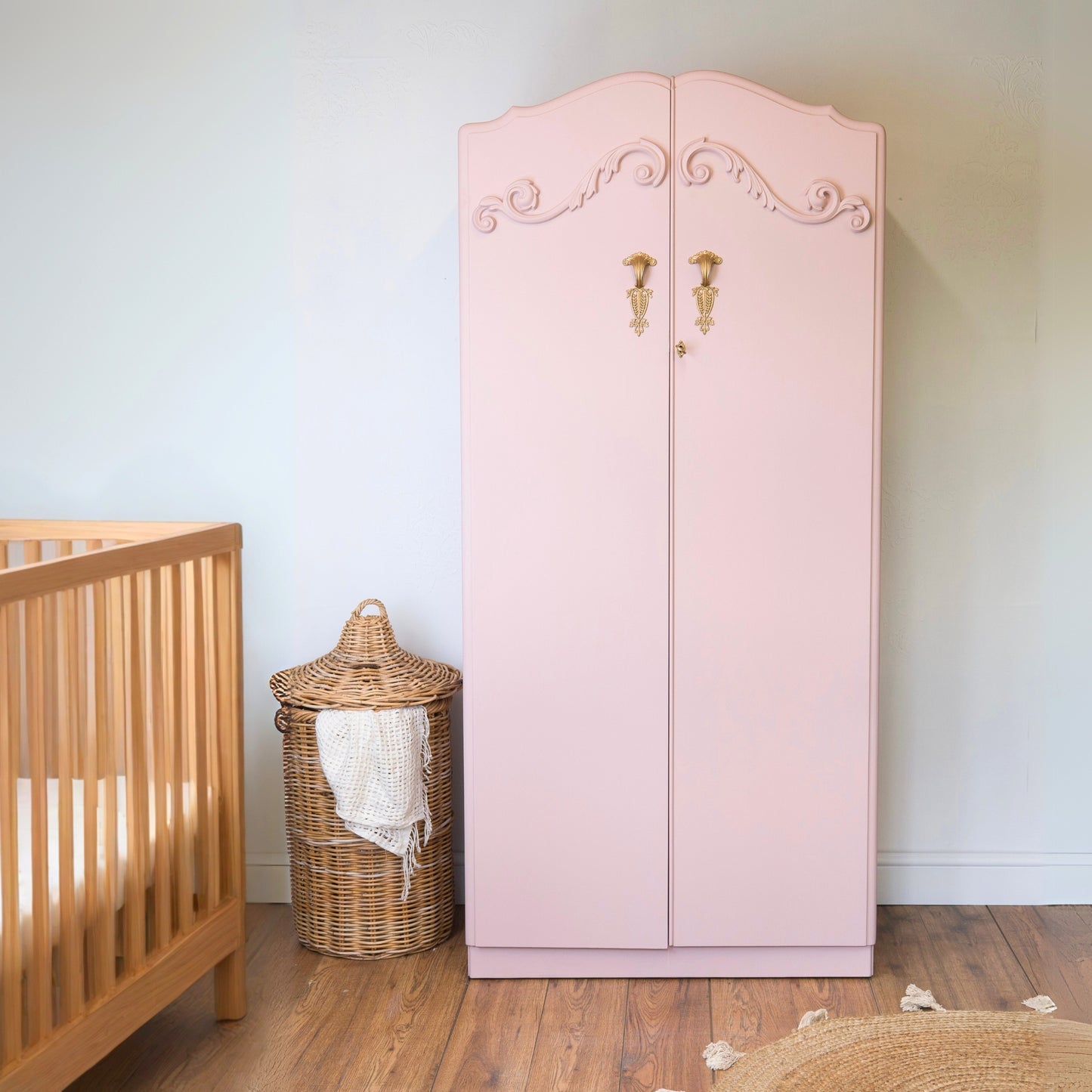 Vintage Upcycled Pink Wardrobe | Hand-Painted Armoire with WoodUbend Details | Elegant Nursery or Bedroom Storage