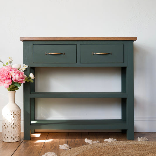 Upcycled Oak Console Table | Botanical Floral Design | Green Painted Console with Drawers