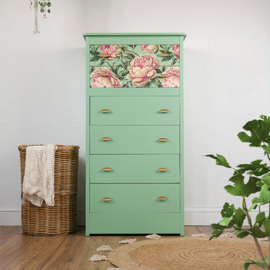 Hand-Painted Vintage Chest of Drawers | Mint Green & Floral Design | Upcycled Furniture