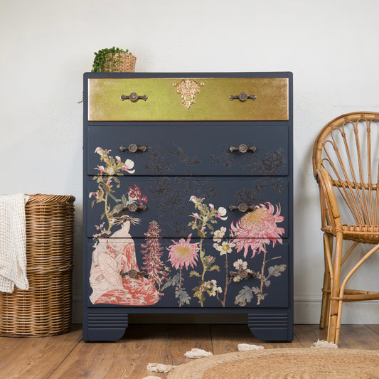 Vintage Chest of Drawers | Gold Leaf & Floral Design | One-of-a-Kind Statement Furniture