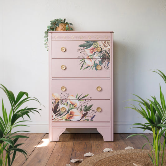 Vintage Blush Pink Floral Lebus Chest of Drawers with Hidden Compartment | Hand-Painted Upcycled Furniture | Botanical Decor