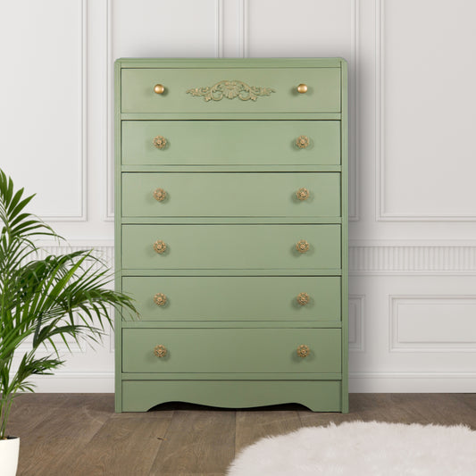 Minty sage green tall boy chest of drawers gold handles