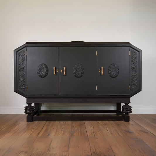Stunning Vintage Art Deco Black Sideboard | Hand-Painted, Upcycled Cabinet with Gold Detailing - Grab a Bargain - Stock Clearance