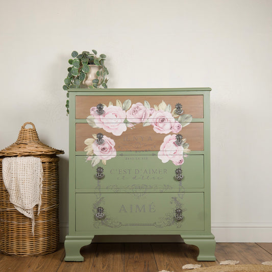 Hand-Painted Vintage Chest of Drawers | Soft Sage Green with Rose Floral Detailing