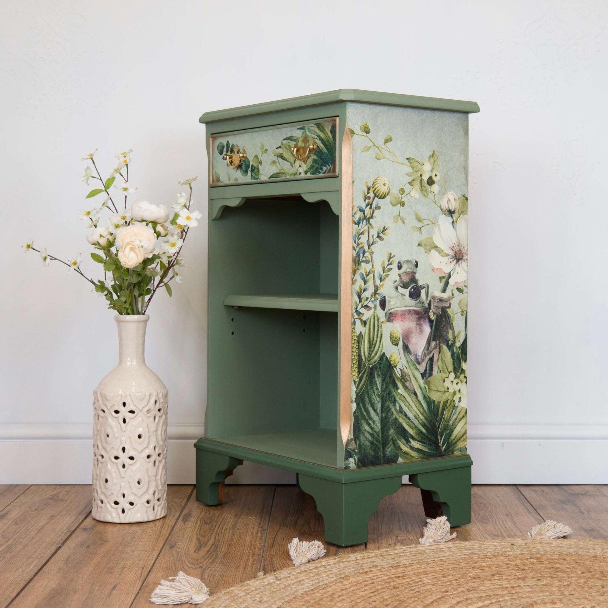 Upcycled Enchanted Woodland Green Bedside Cabinet | Hand-Painted Vintage Furniture | Unique Frog & Floral Decoupage