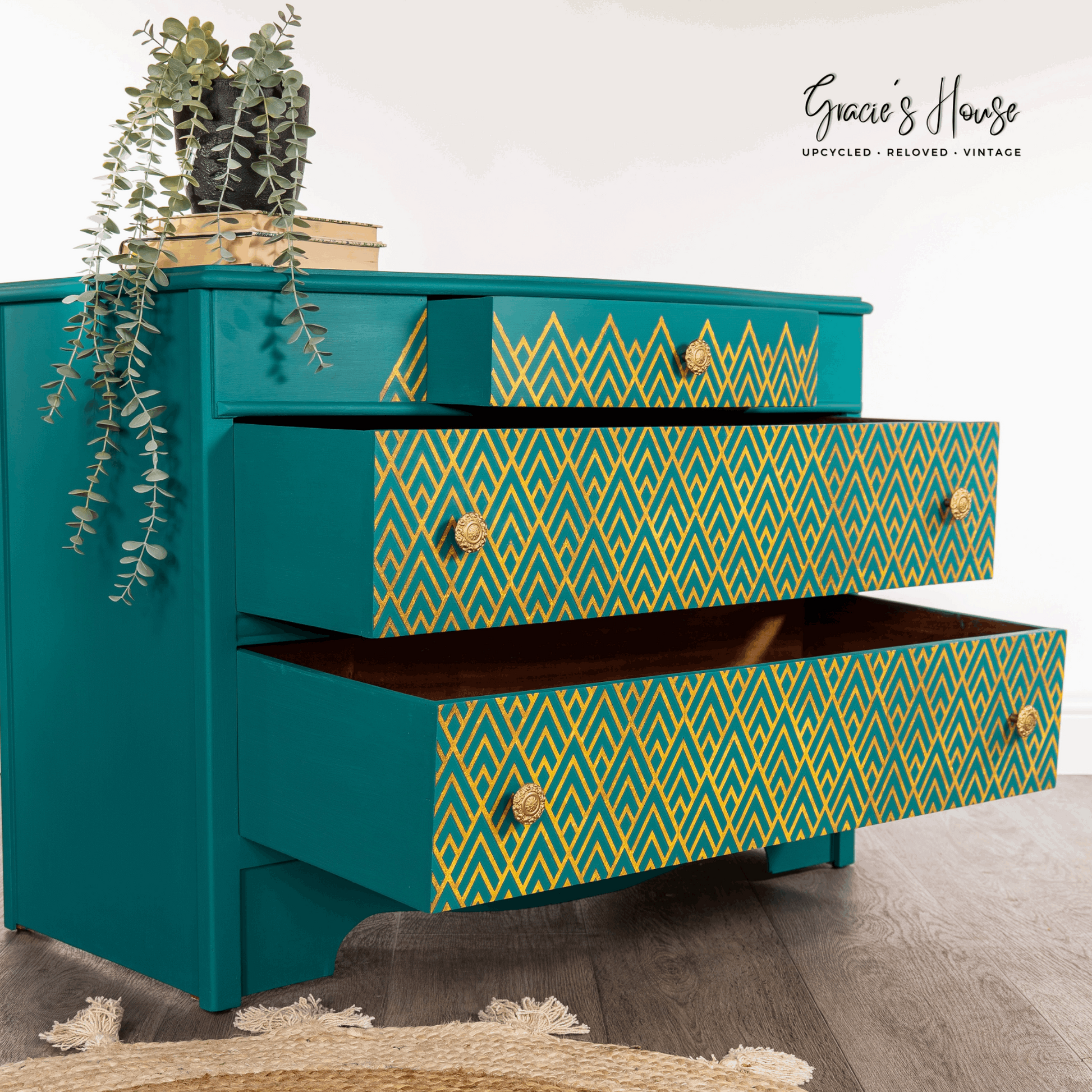 Turquoise Mid Century Chest of Drawers, geometric