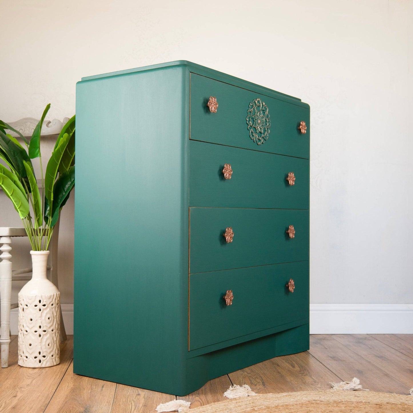 Emerald Forest Chest of Drawers – Vintage Upcycled Beauty with Tropical Lined Drawers