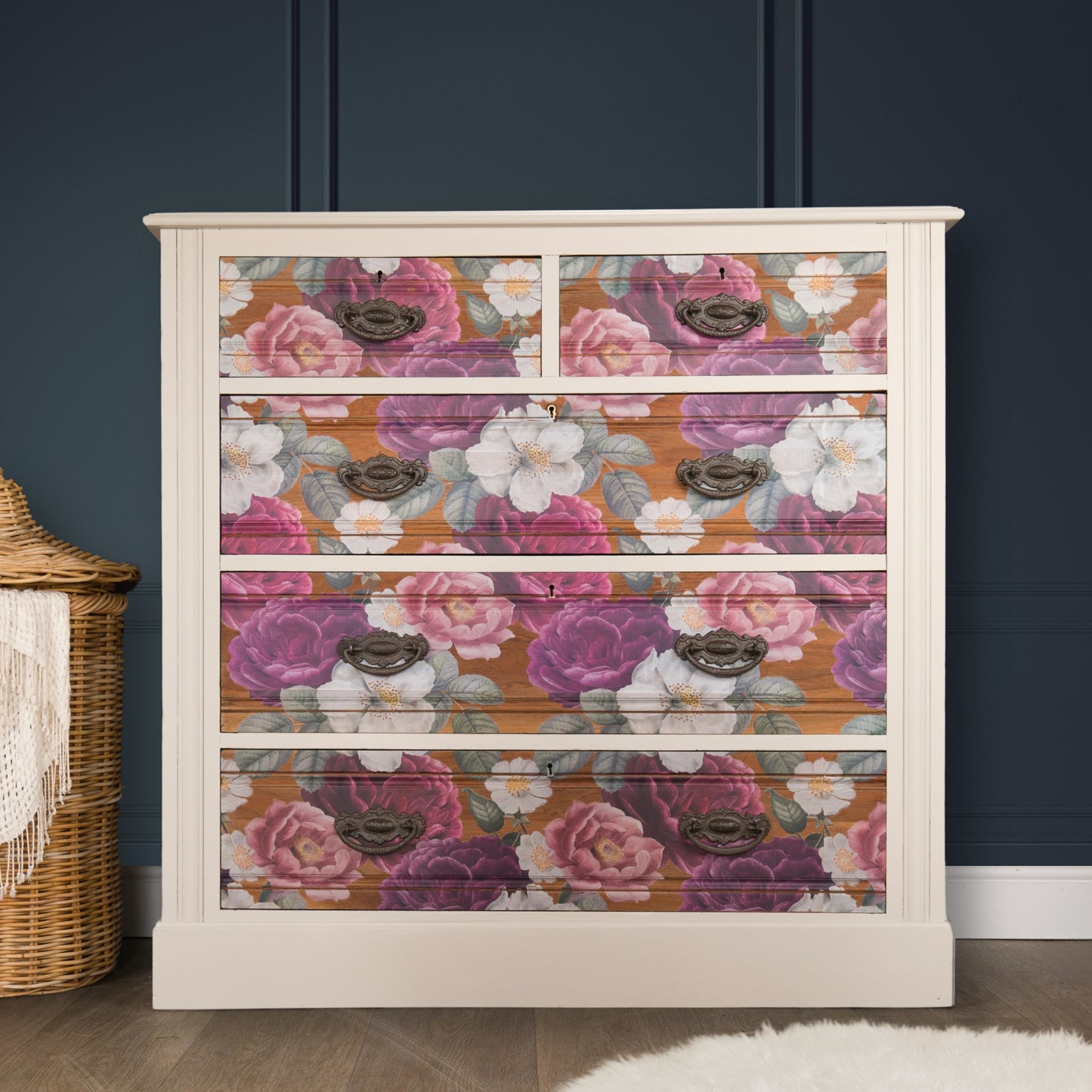 Vintage Aqua Lebus Oak Chest of Drawers, pink, purple floral drawer sides