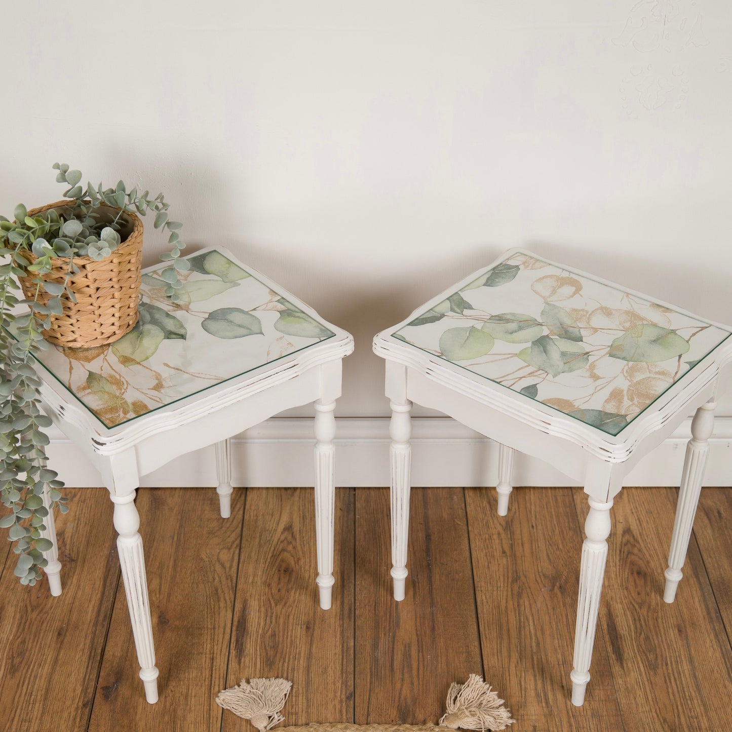 Pair of Vintage Upcycled Shabby Chic Side Tables with Botanical Glass Tops
