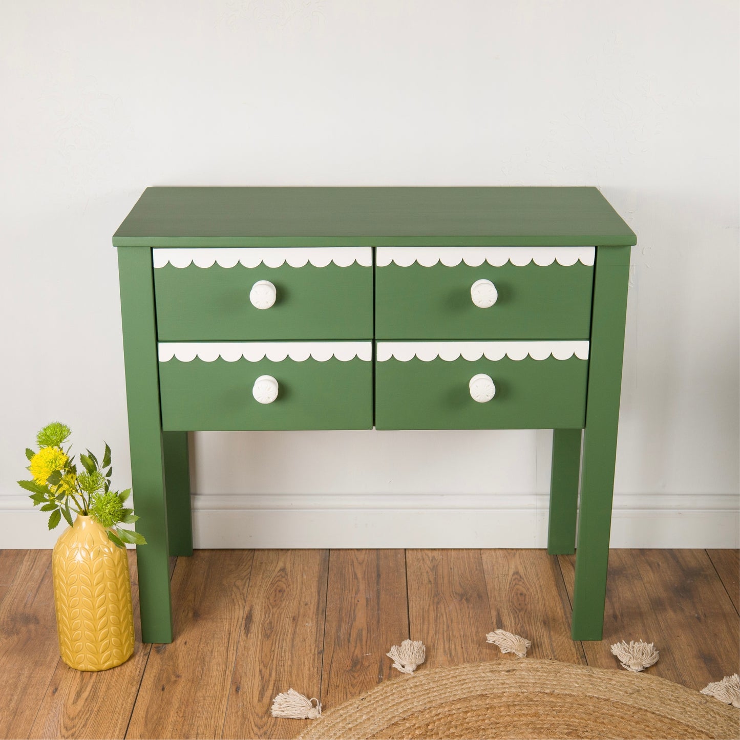 Whimsical Green and White Scalloped Trim Chest of Drawers, Console Table - Hand-Painted Statement Furniture