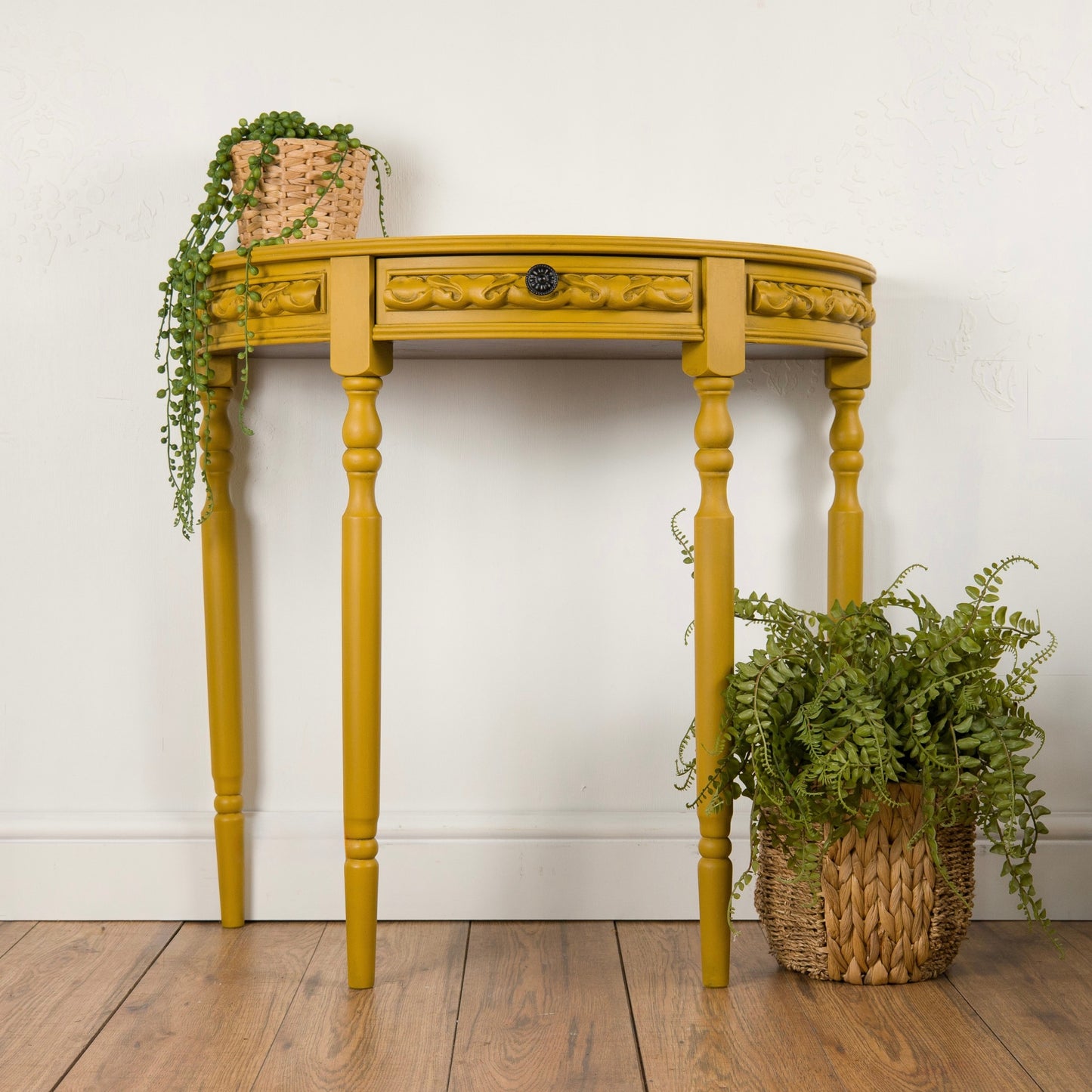 Bold Mustard Demi-Lune Table – Upcycled Vintage Half-Moon Console