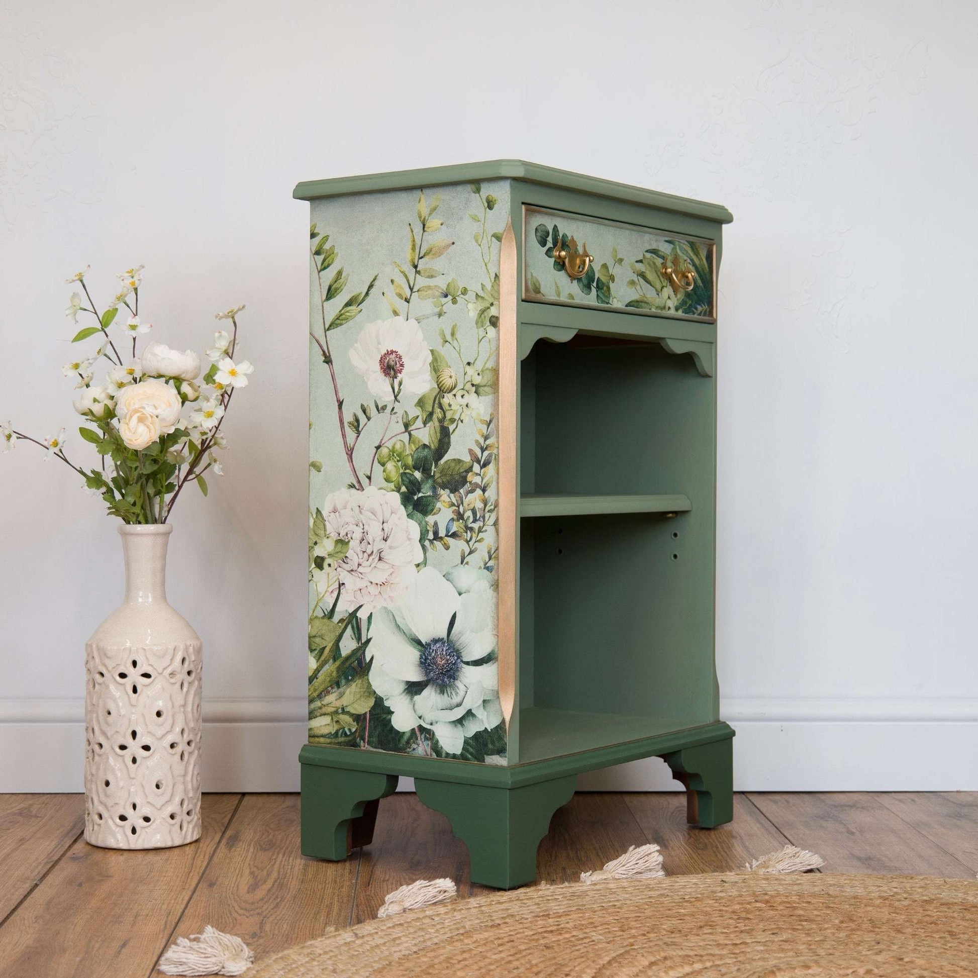 Upcycled Enchanted Woodland Green Bedside Cabinet | Hand-Painted Vintage Furniture | Unique Frog & Floral Decoupage