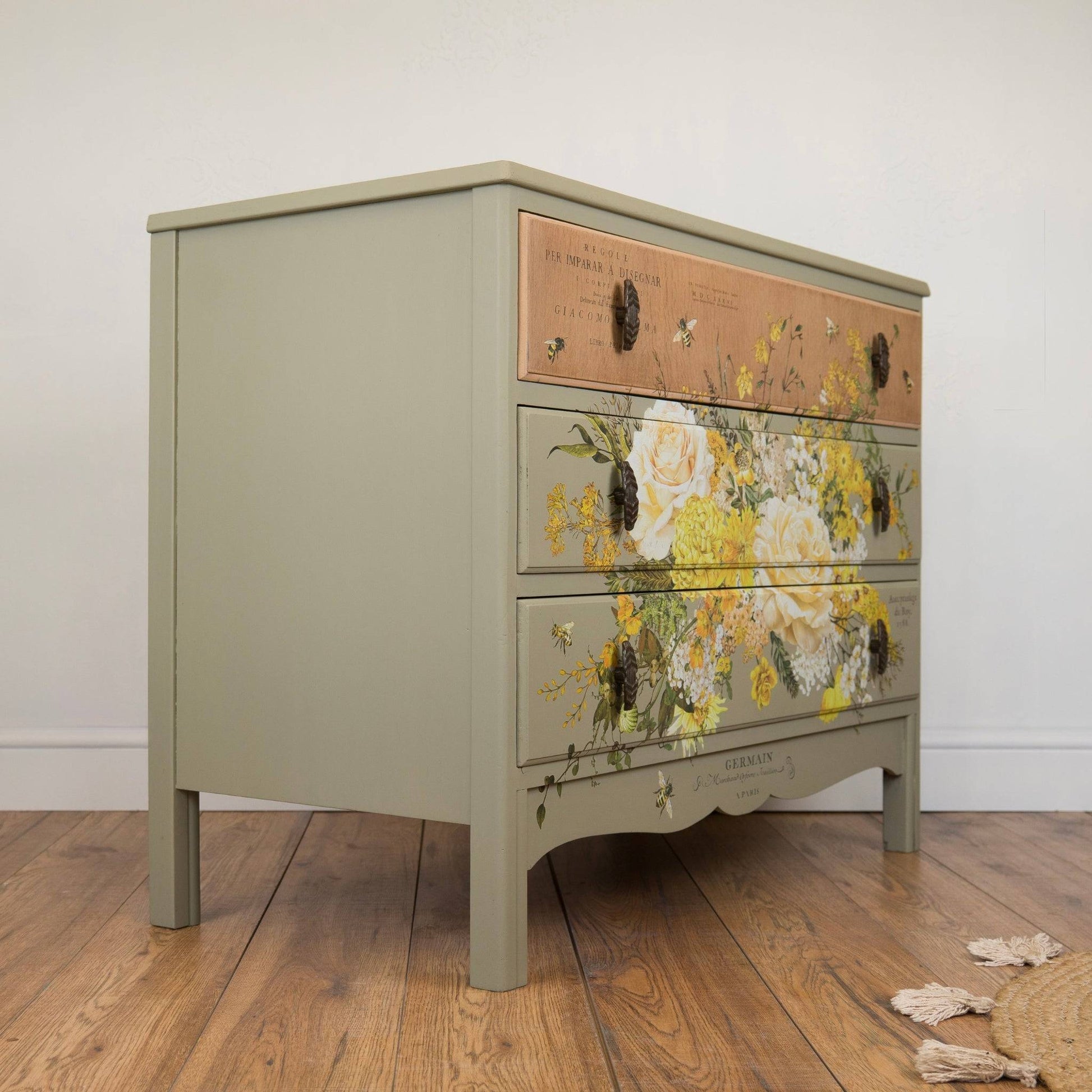 Vintage Upcycled Oak Chest of Drawers - Botanical Bee & Floral