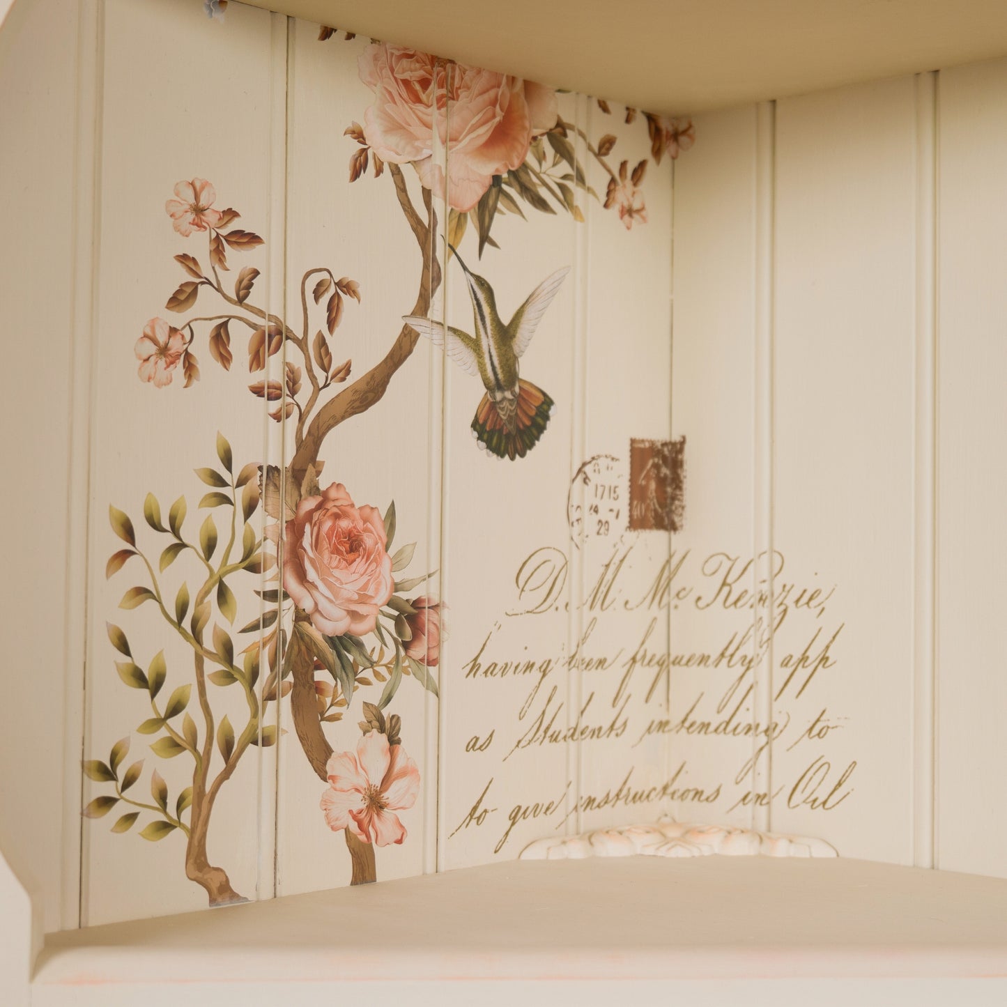 Blossom Tweet Painted Corner Cabinet | Vintage Floral Hand-Painted Shabby Chic Furniture | Upcycled Storage with Botanical Transfer