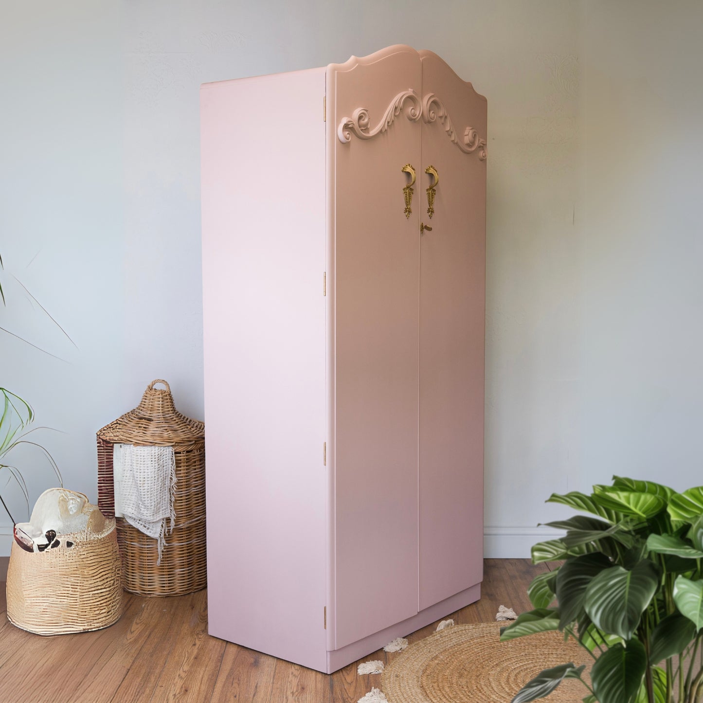 Vintage Upcycled Pink Wardrobe | Hand-Painted Armoire with WoodUbend Details | Elegant Nursery or Bedroom Storage