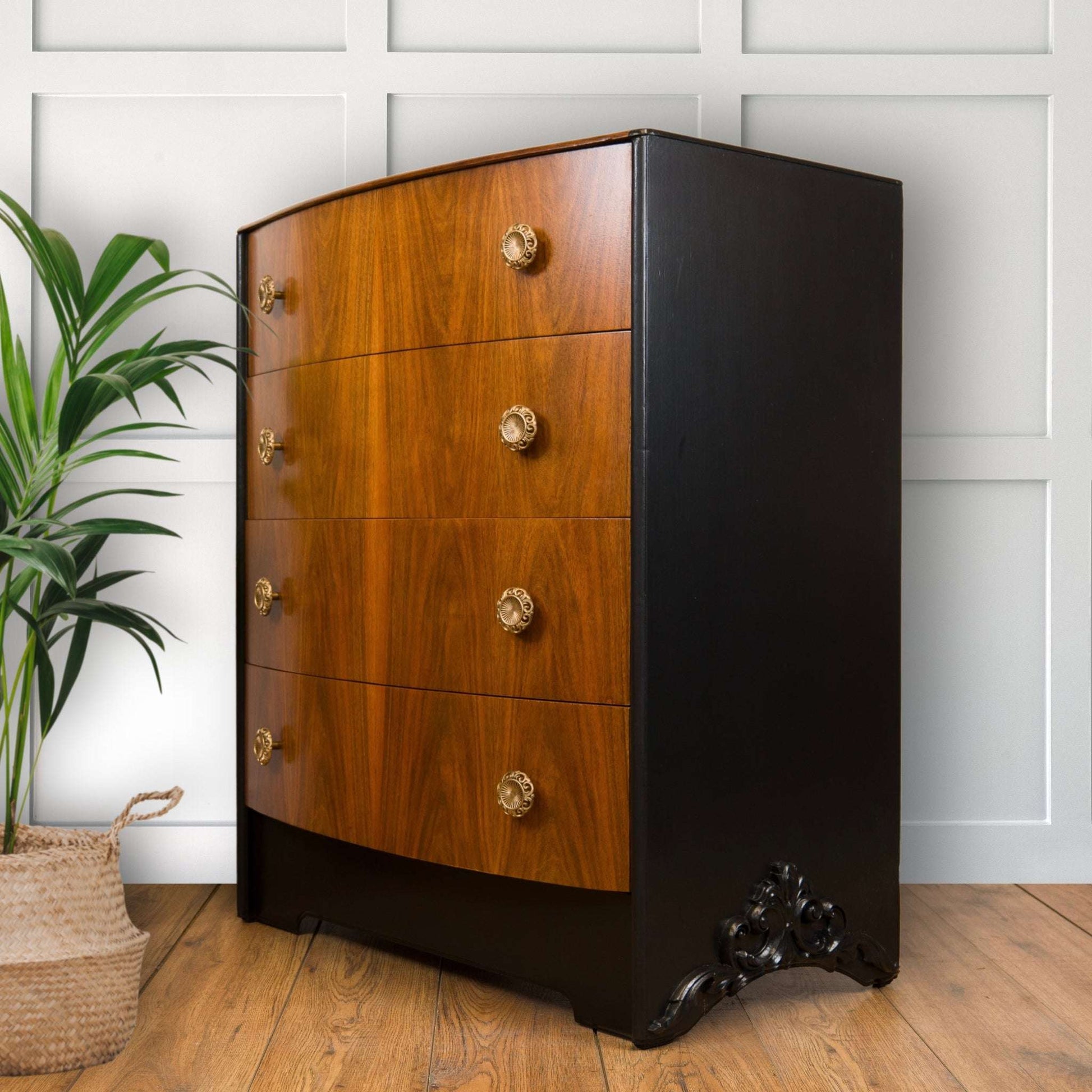 Vintage Walnut & Black Bow Front Chest of Drawers – Art Deco Upcycled Furniture with Gold Handles