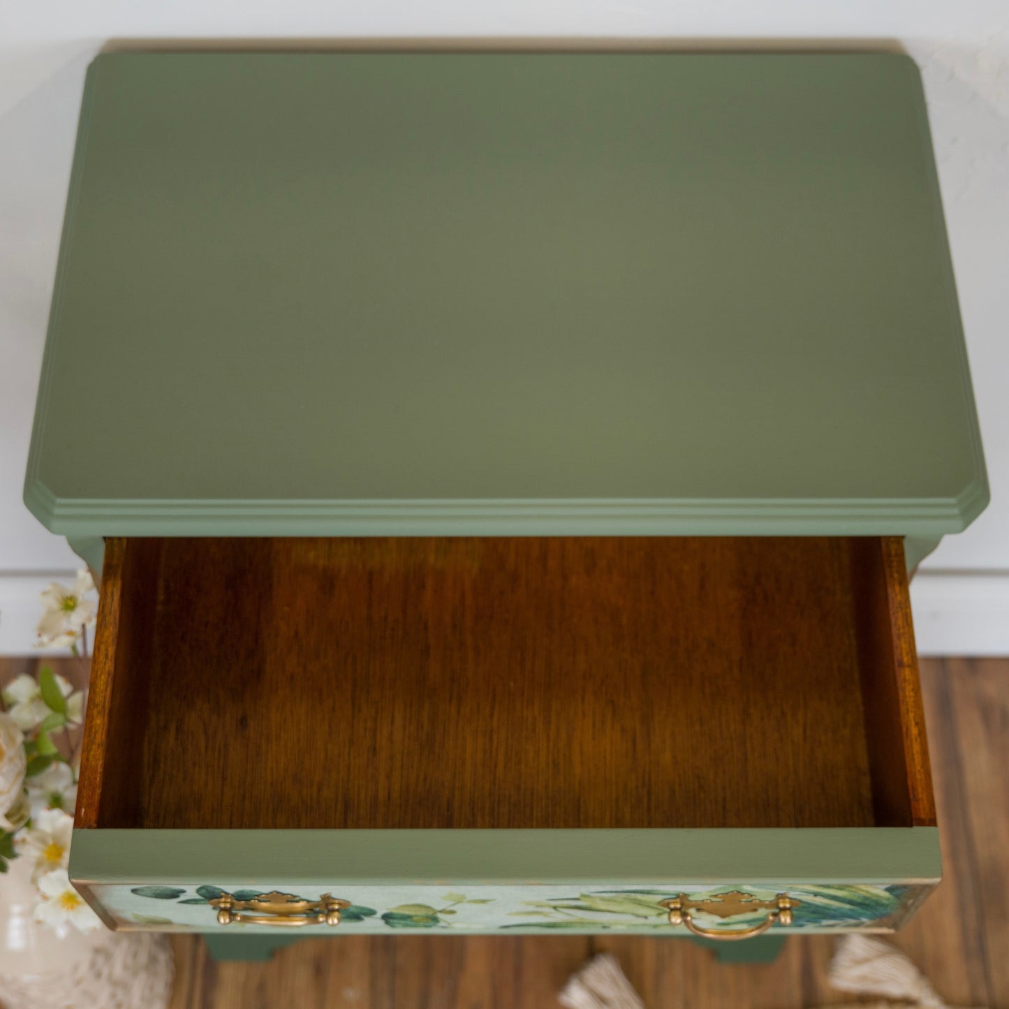 Upcycled Enchanted Woodland Green Bedside Cabinet | Hand-Painted Vintage Furniture | Unique Frog & Floral Decoupage