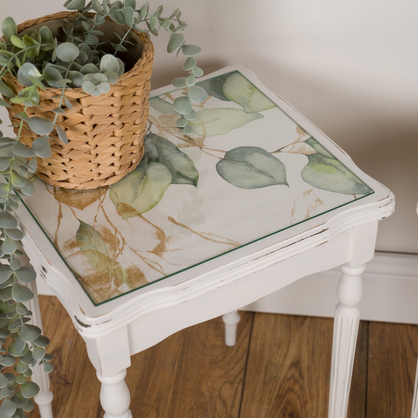Pair of Vintage Upcycled Shabby Chic Side Tables with Botanical Glass Tops