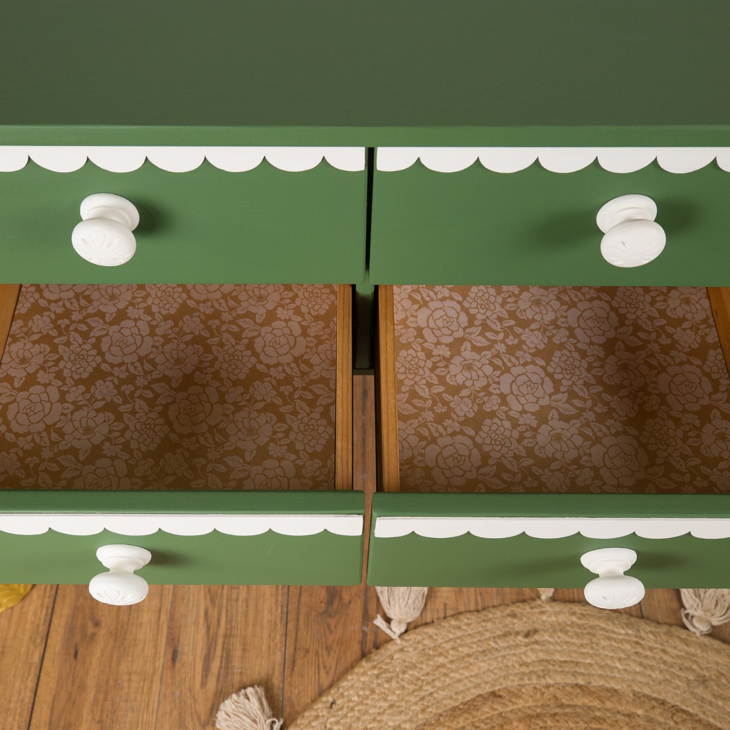 Whimsical Green and White Scalloped Trim Chest of Drawers, Console Table - Hand-Painted Statement Furniture