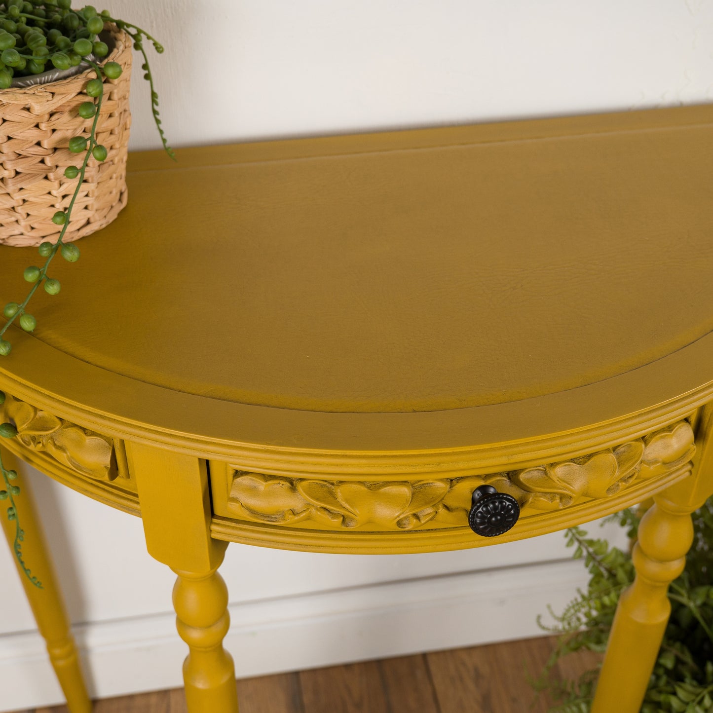Bold Mustard Demi-Lune Table – Upcycled Vintage Half-Moon Console