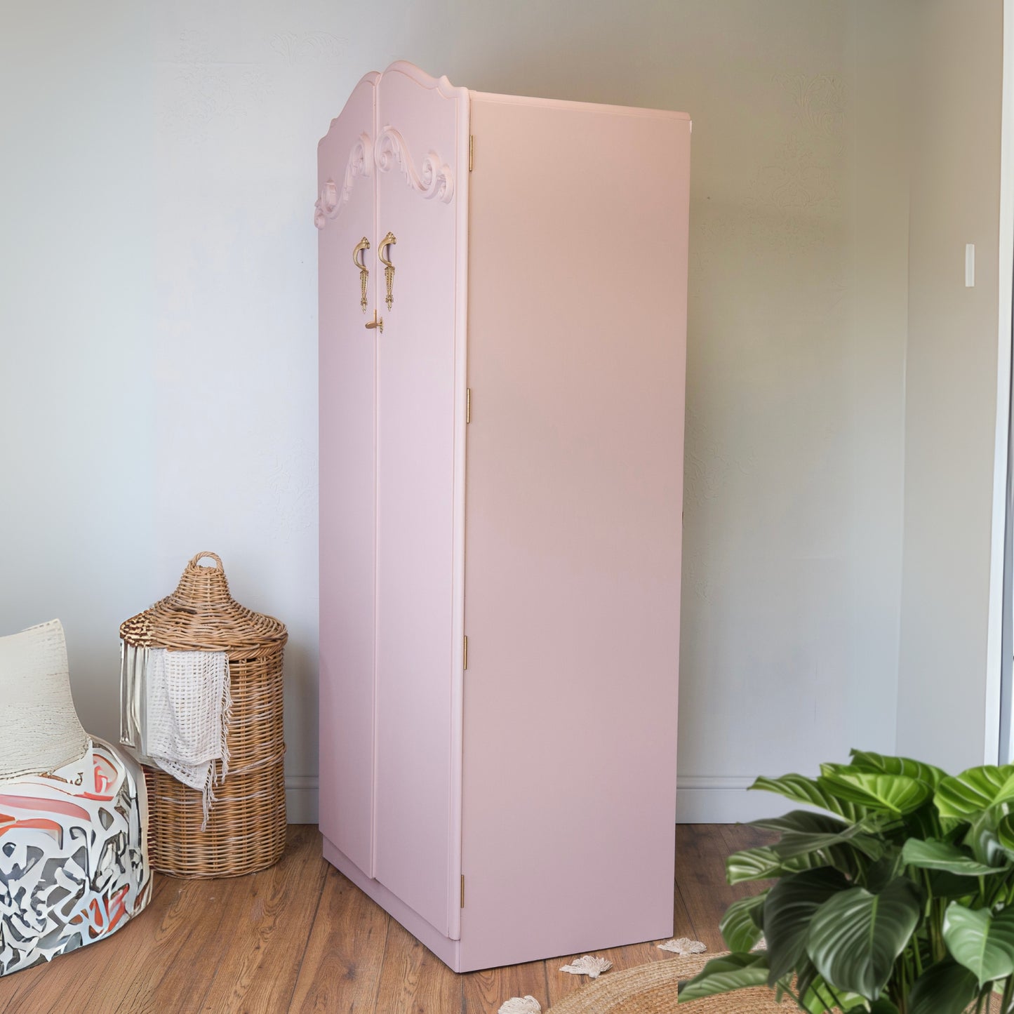 Vintage Upcycled Pink Wardrobe | Hand-Painted Armoire with WoodUbend Details | Elegant Nursery or Bedroom Storage