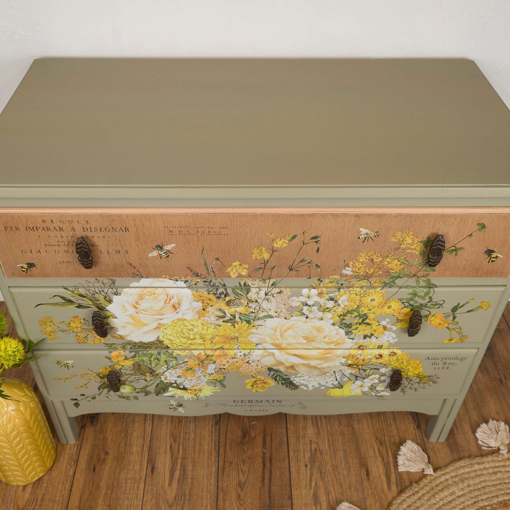 Vintage Upcycled Oak Chest of Drawers - Botanical Bee & Floral