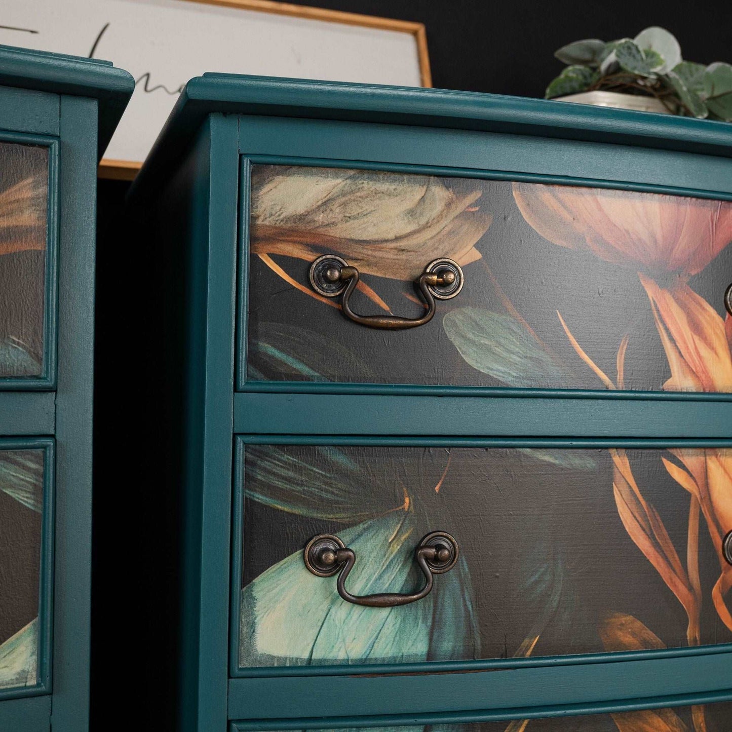 Pair of Upcycled Decoupage Teal Bedside Tables