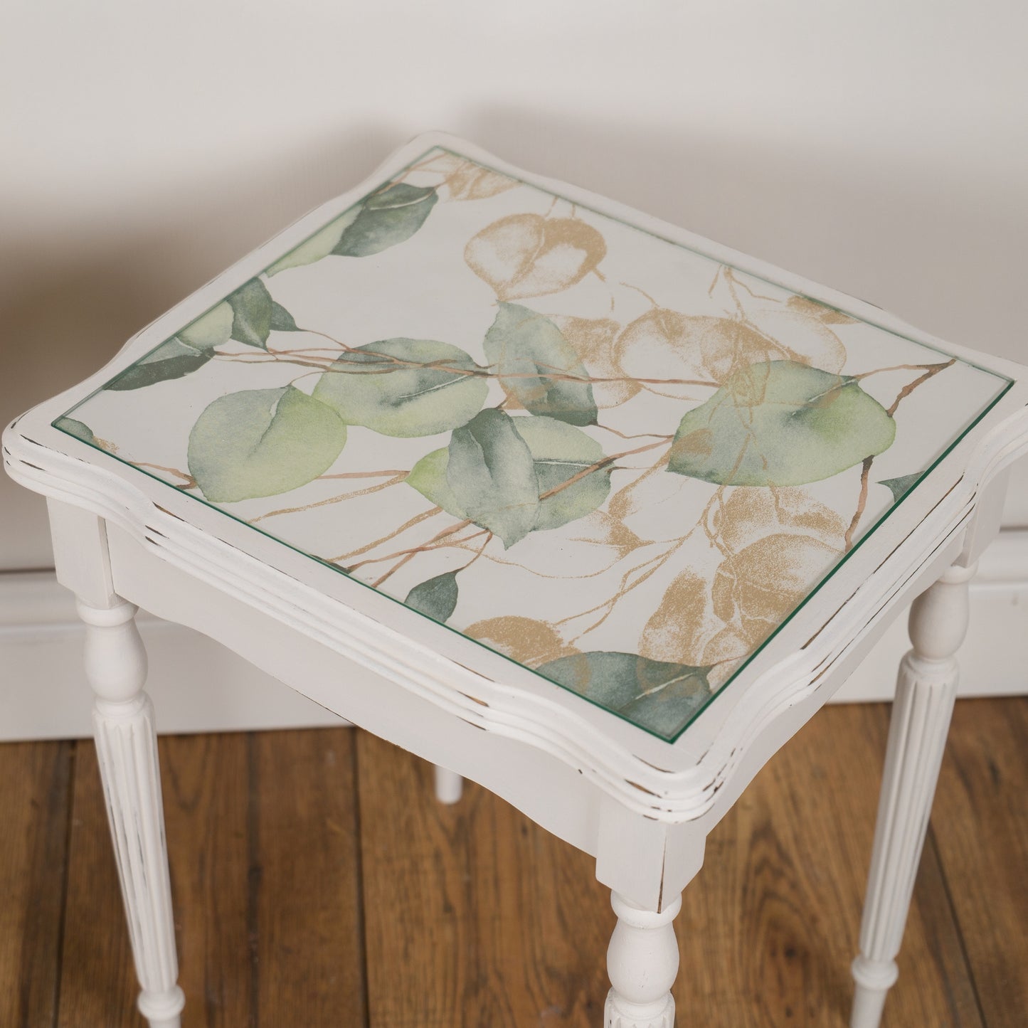 Pair of Vintage Upcycled Shabby Chic Side Tables with Botanical Glass Tops