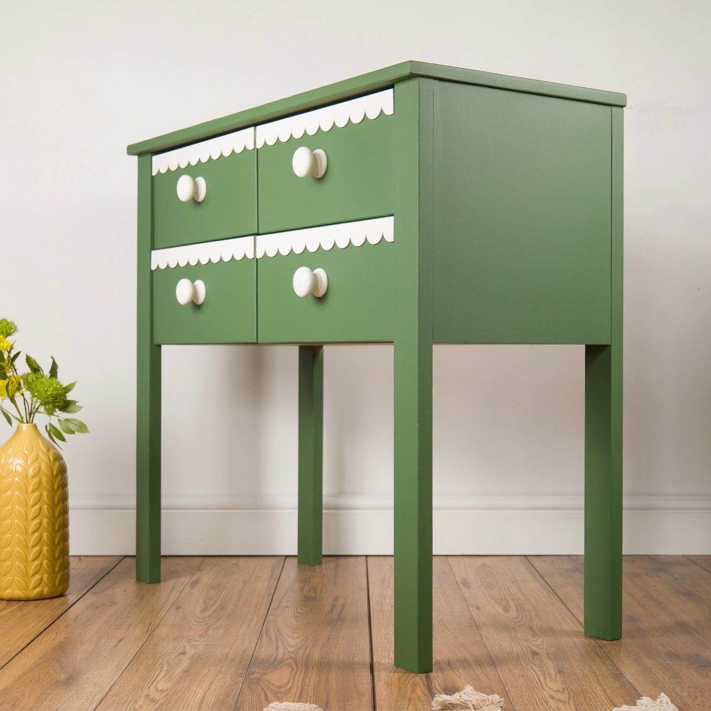 Whimsical Green and White Scalloped Trim Chest of Drawers, Console Table - Hand-Painted Statement Furniture