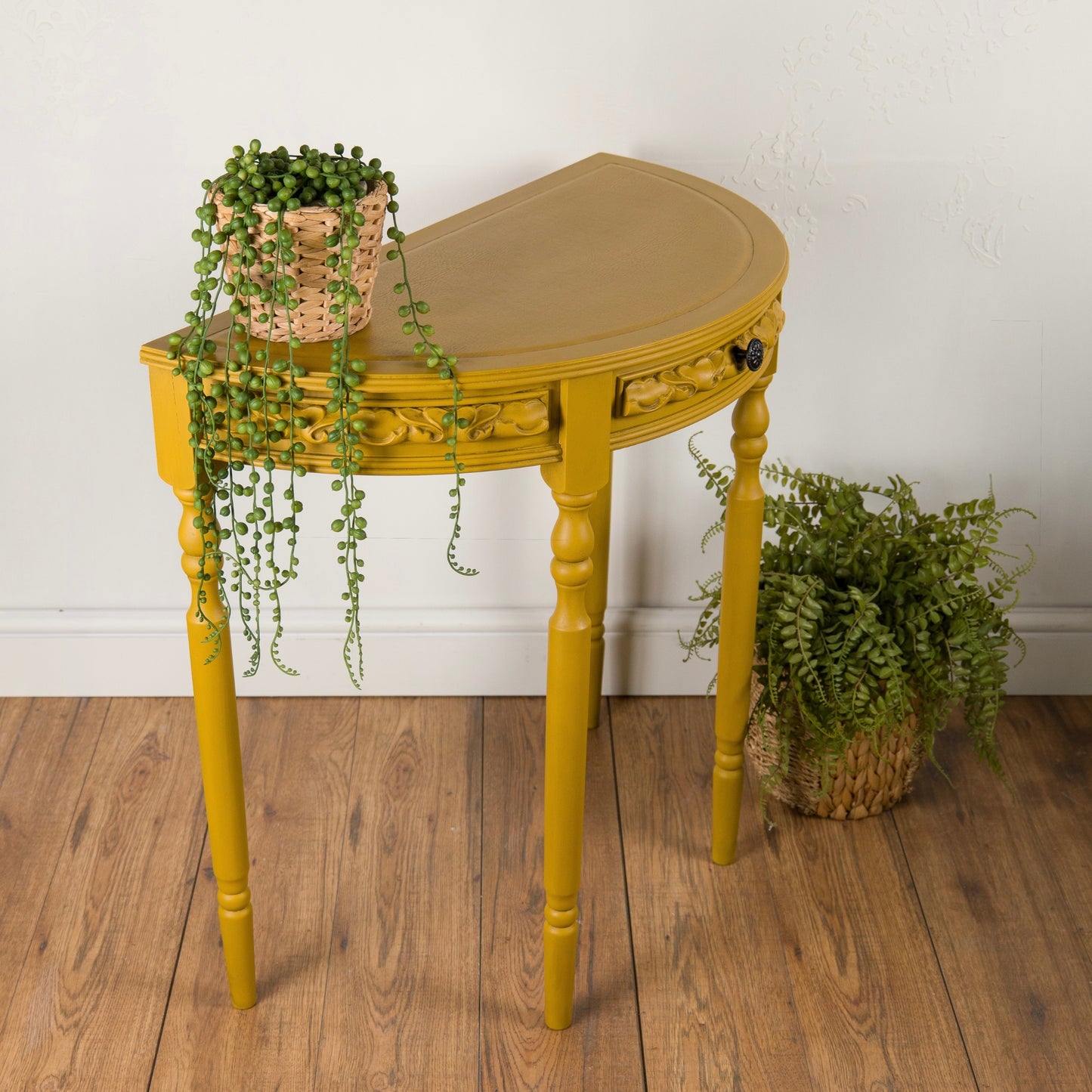 Bold Mustard Demi-Lune Table – Upcycled Vintage Half-Moon Console