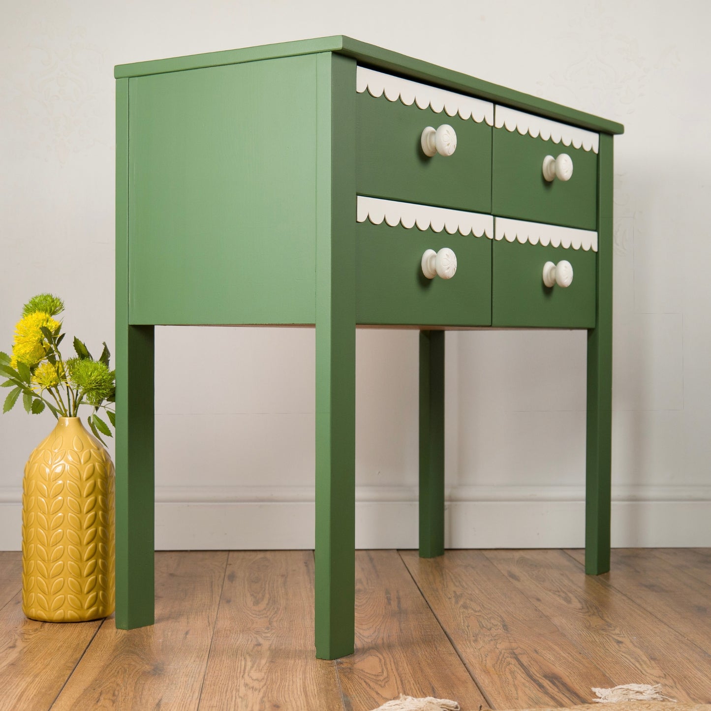 Whimsical Green and White Scalloped Trim Chest of Drawers, Console Table - Hand-Painted Statement Furniture
