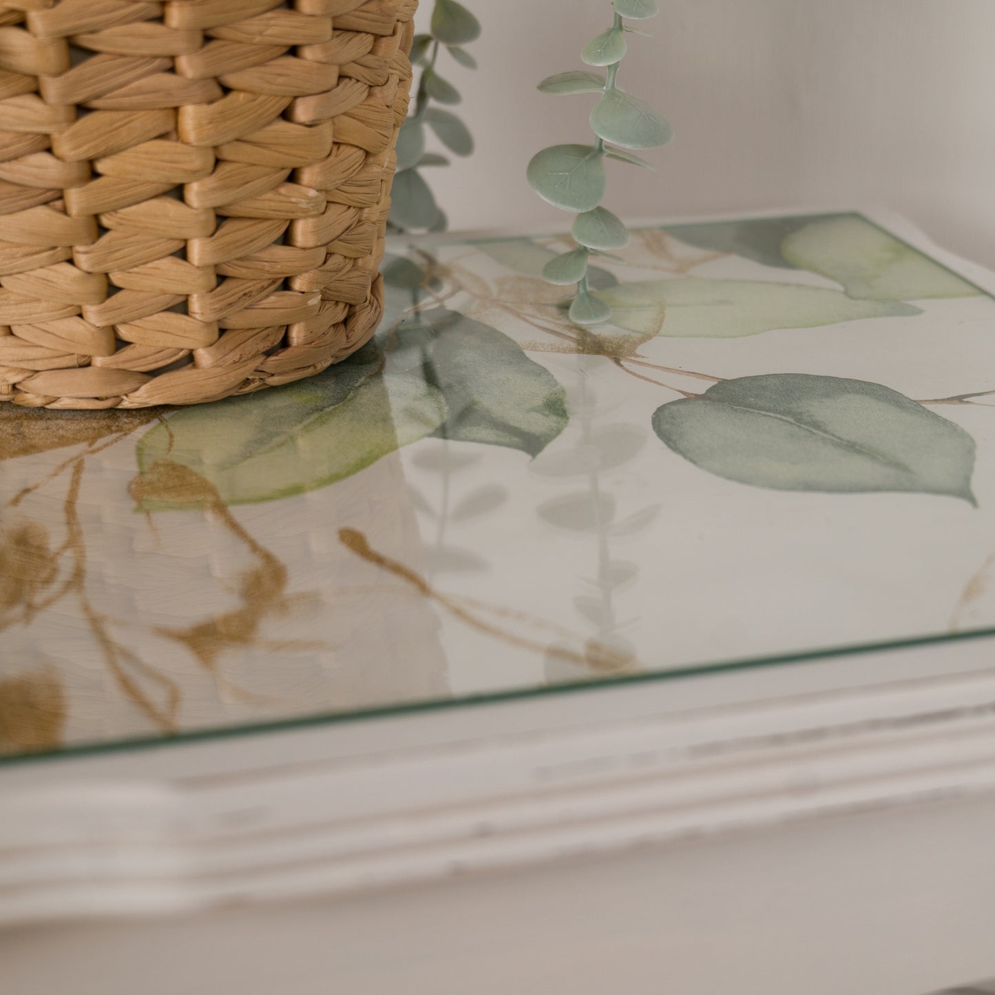 Pair of Vintage Upcycled Shabby Chic Side Tables with Botanical Glass Tops