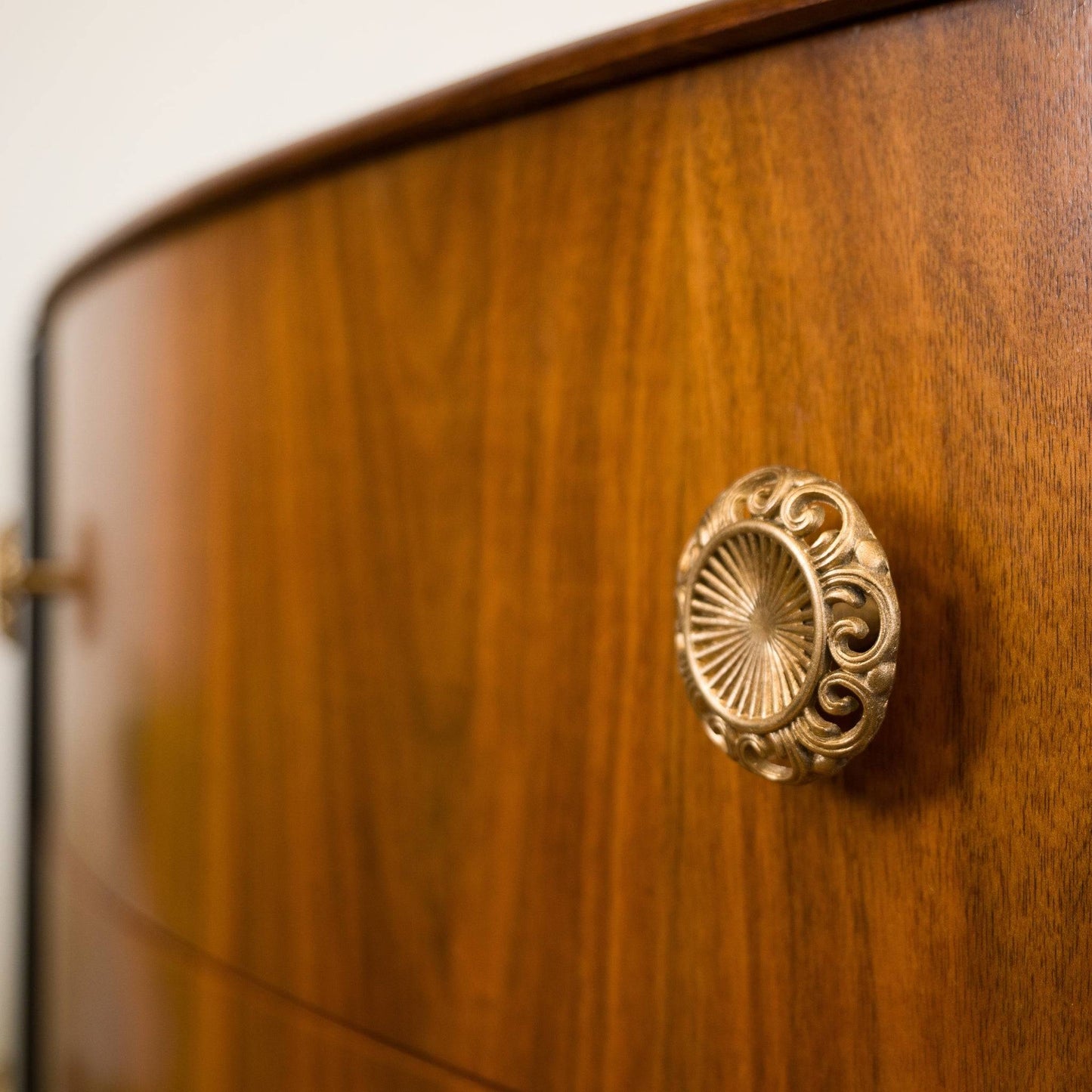 Vintage Walnut & Black Bow Front Chest of Drawers – Art Deco Upcycled Furniture with Gold Handles