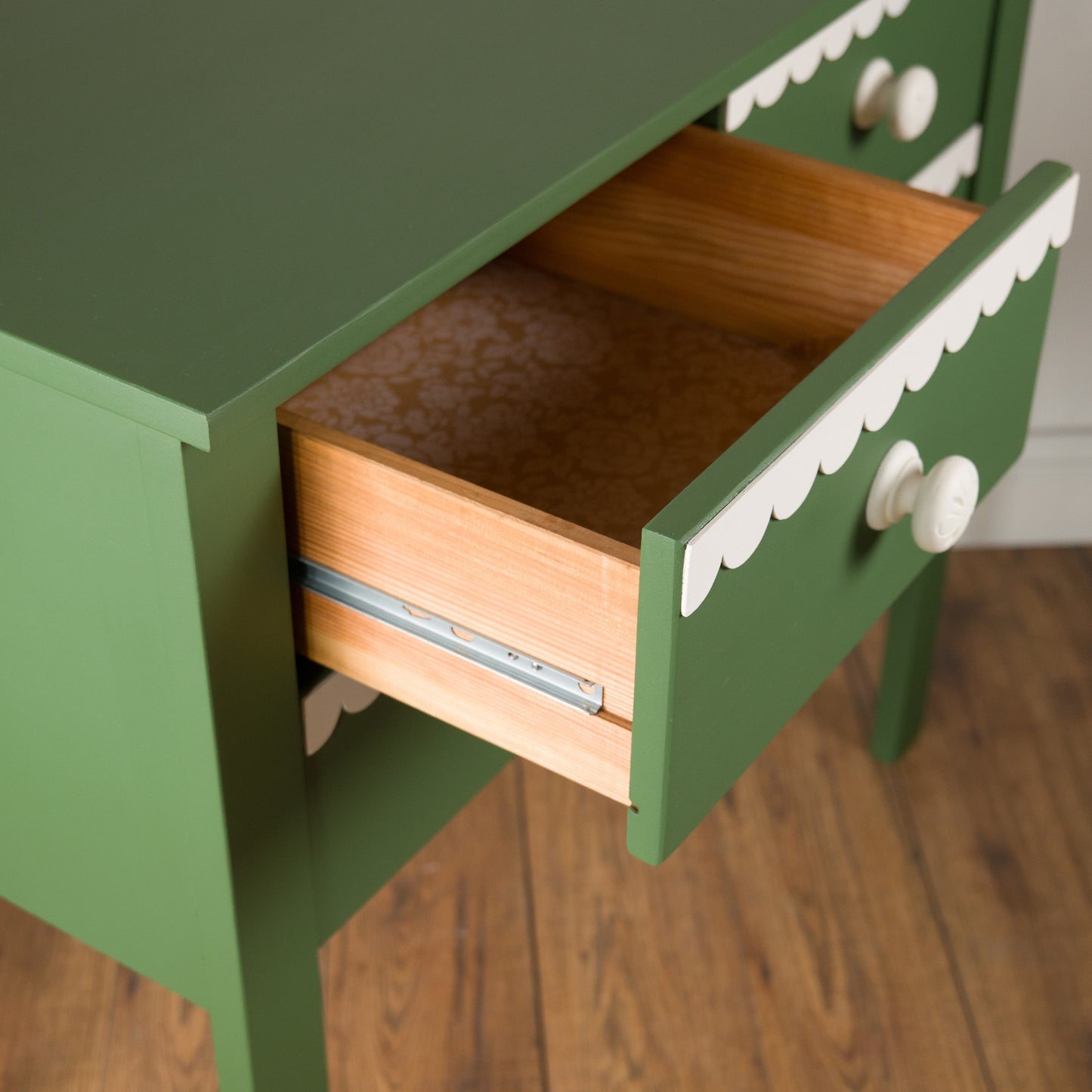 Whimsical Green and White Scalloped Trim Chest of Drawers, Console Table - Hand-Painted Statement Furniture
