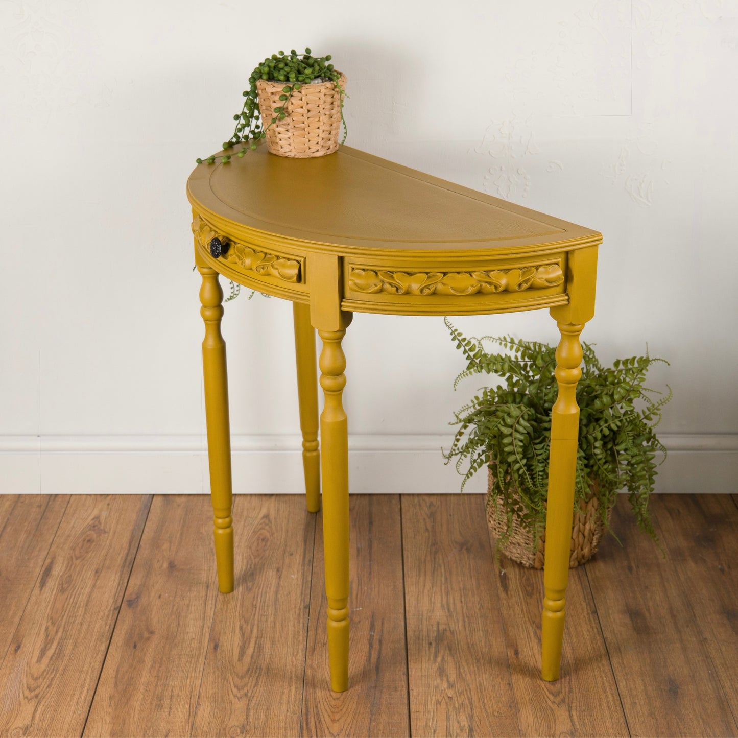 Bold Mustard Demi-Lune Table – Upcycled Vintage Half-Moon Console