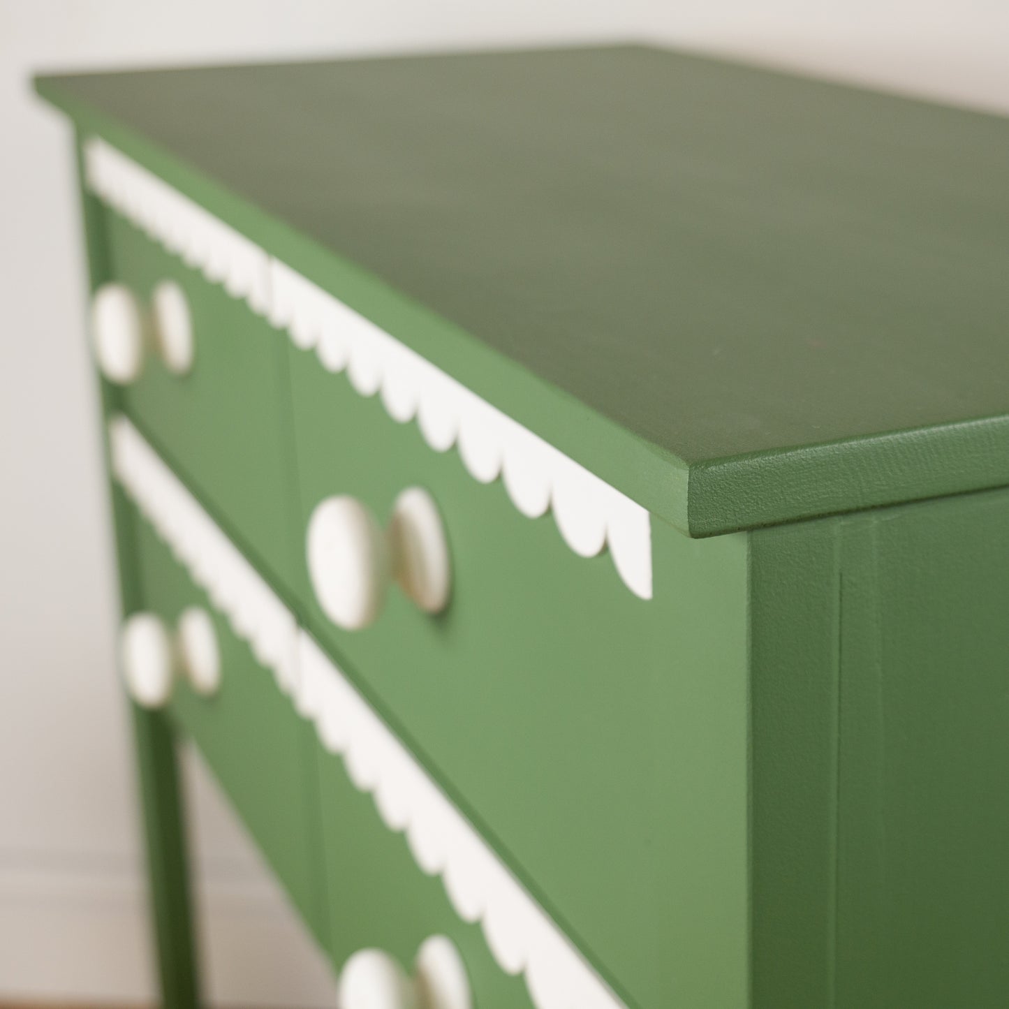 Whimsical Green and White Scalloped Trim Chest of Drawers, Console Table - Hand-Painted Statement Furniture