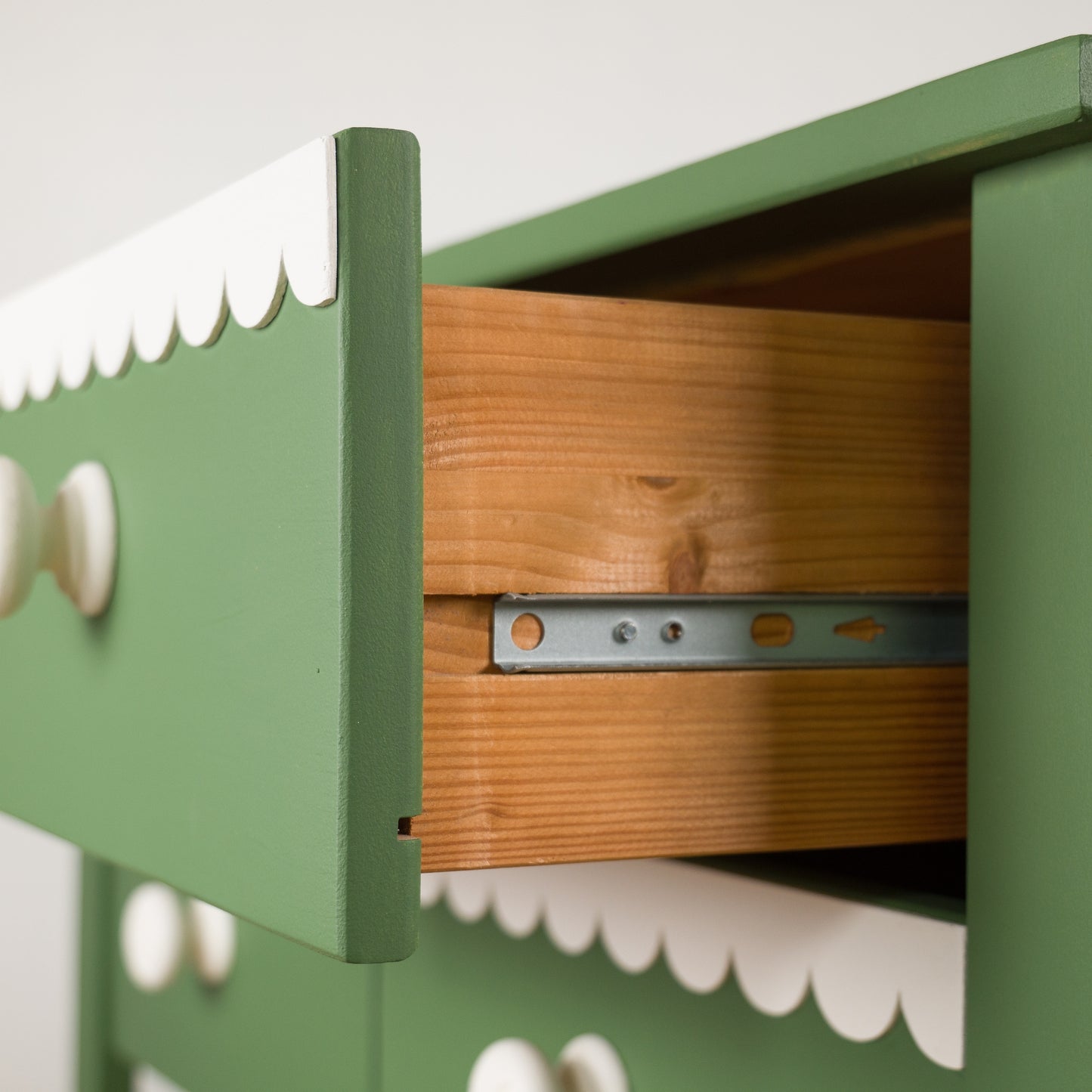 Whimsical Green and White Scalloped Trim Chest of Drawers, Console Table - Hand-Painted Statement Furniture