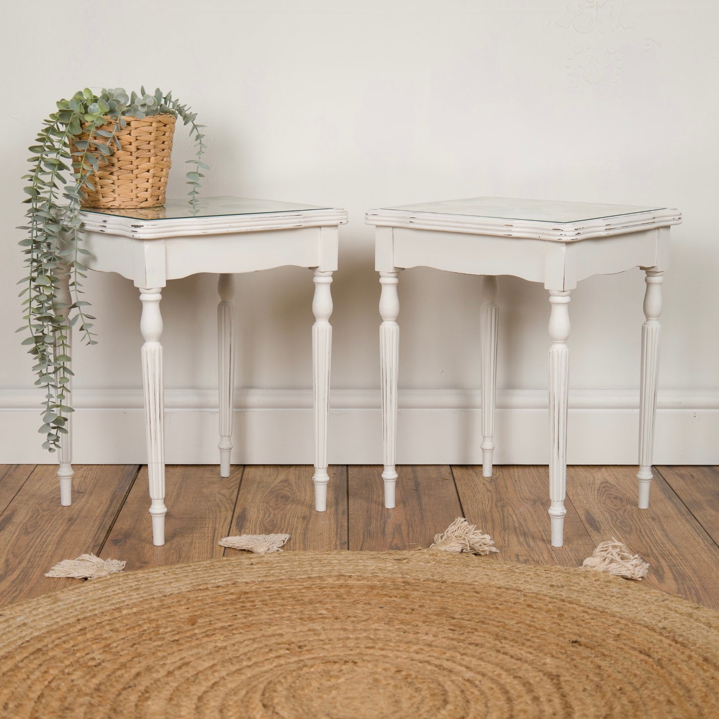 Pair of Vintage Upcycled Shabby Chic Side Tables with Botanical Glass Tops