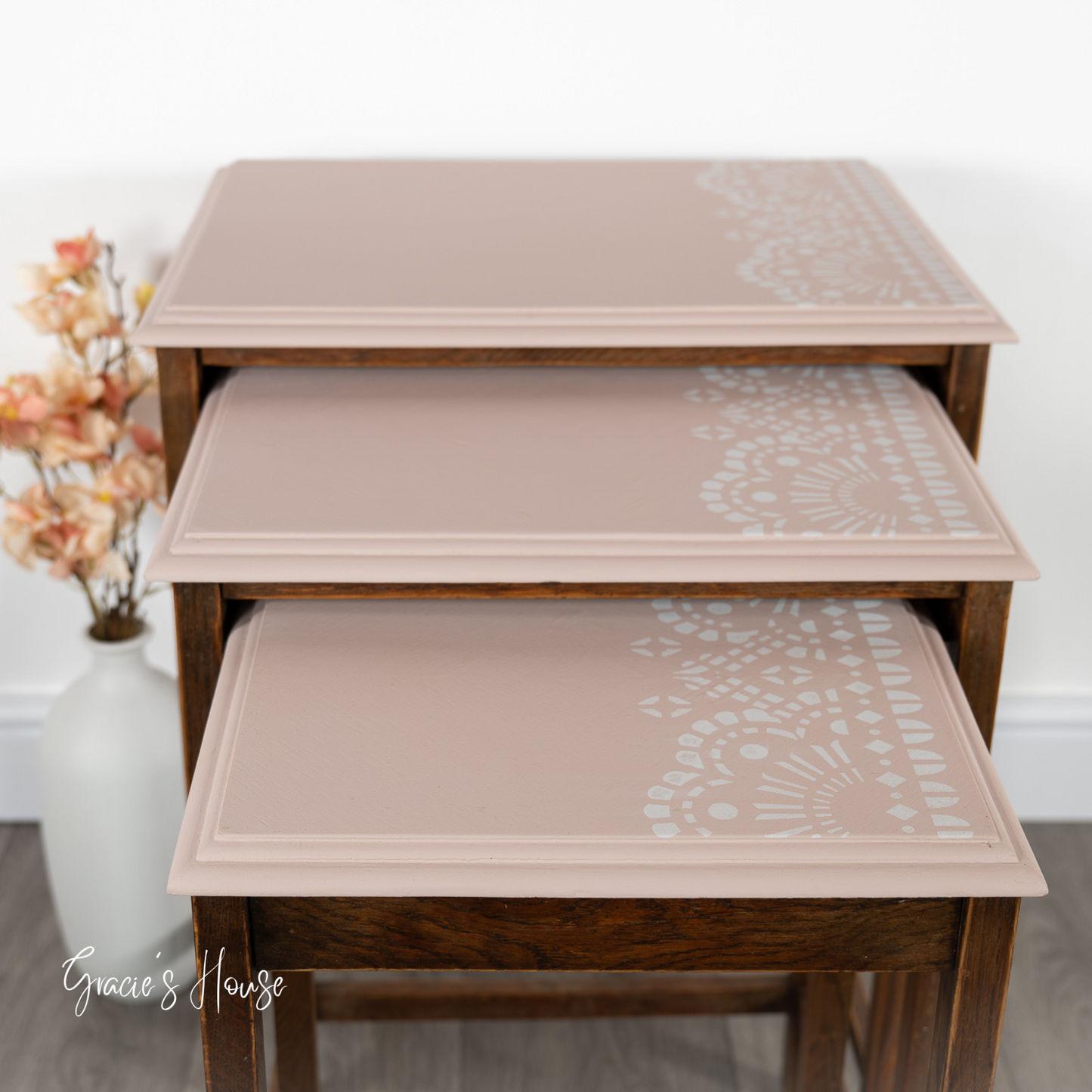 Vintage Oak Pink Nesting Tables